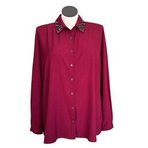 Susan Graver Artisan Women's Red Beaded Collar Button Long Sleeve Blouse Size XL